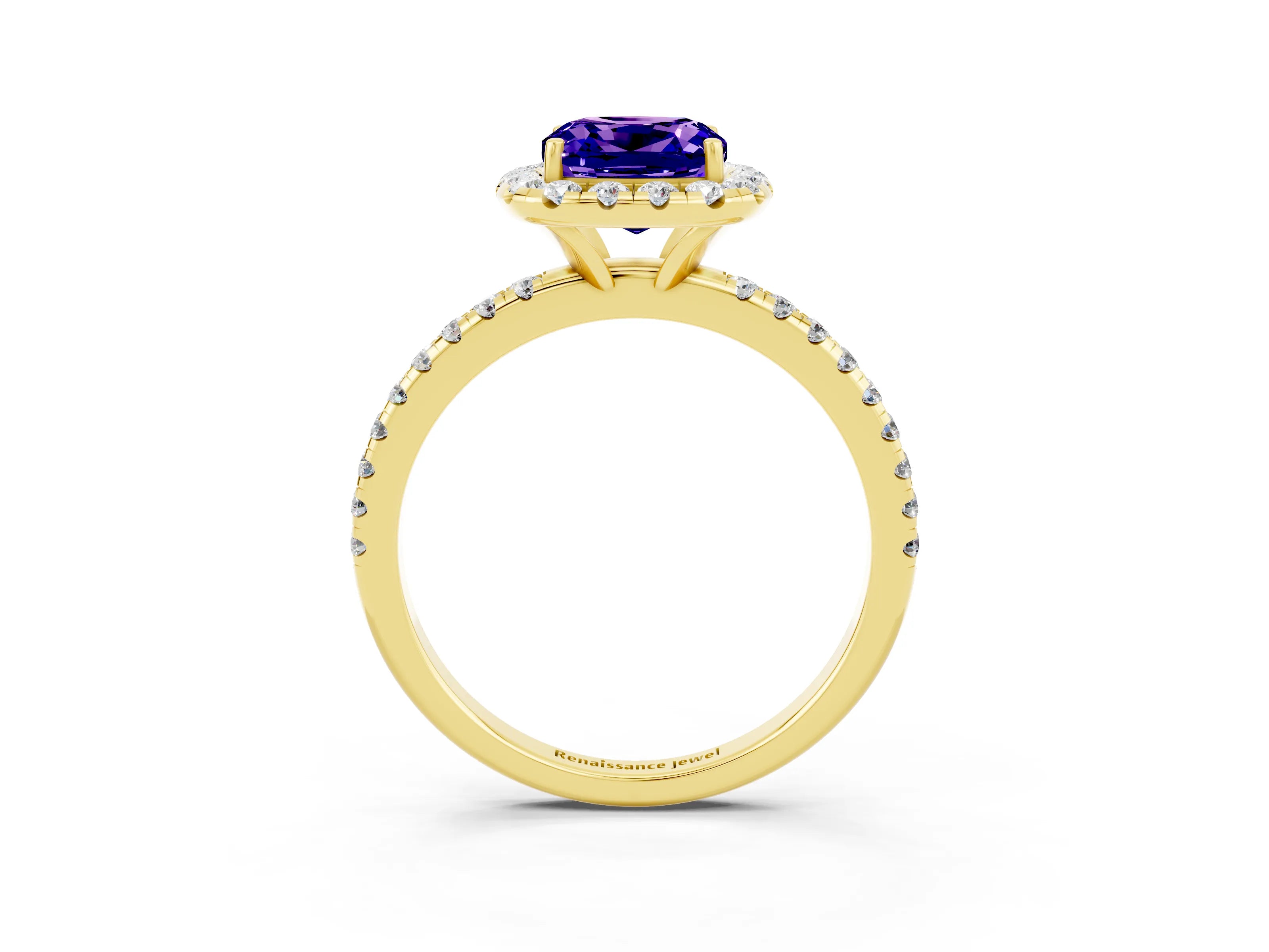 Yellow gold Cushion Cut Halo Round Diamond Pavé Band Four-Prong Ring_3