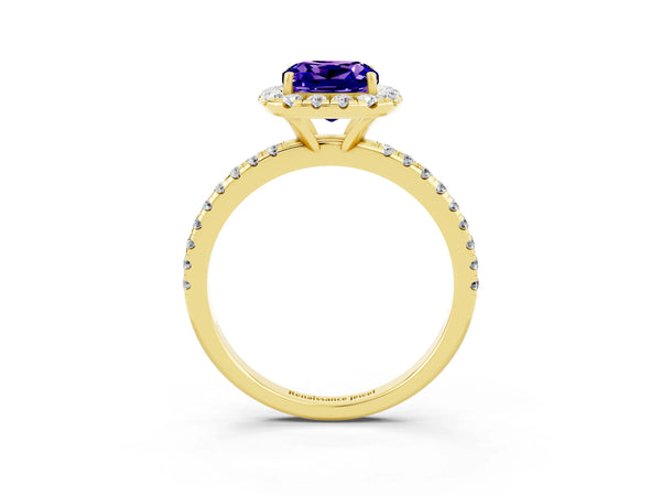 Yellow gold Cushion Cut Tanzanite Halo Ring with Round Pavé Band and Prong Setting