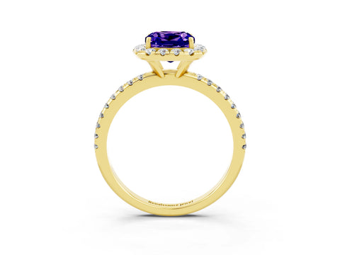 Yellow gold Cushion Cut Halo Round Diamond Pavé Band Four-Prong Ring_3