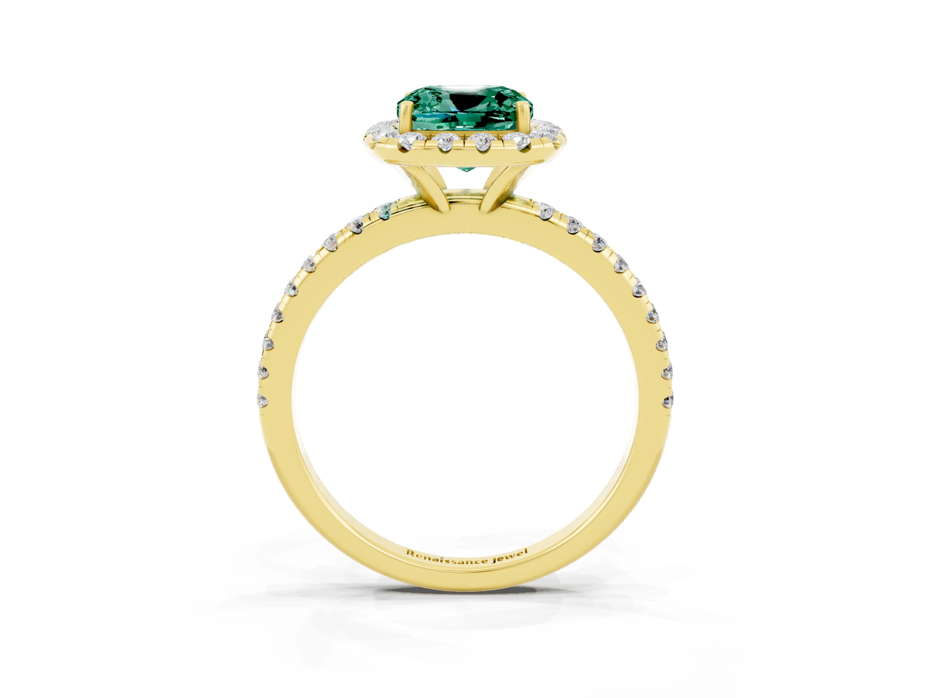 Yellow gold Cushion Cut Halo Round Diamond Pavé Band Four-Prong Ring_3