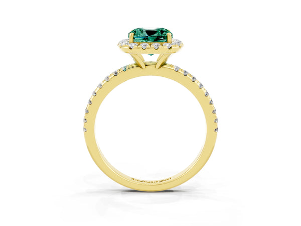 Yellow gold Cushion Cut Green Sapphire Halo Ring with Round Pavé Band and Prong Setting