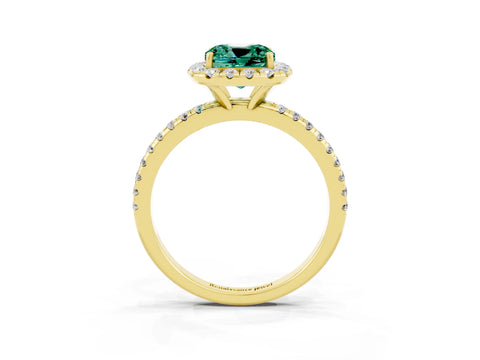 Yellow gold Cushion Cut Halo Round Diamond Pavé Band Four-Prong Ring_3