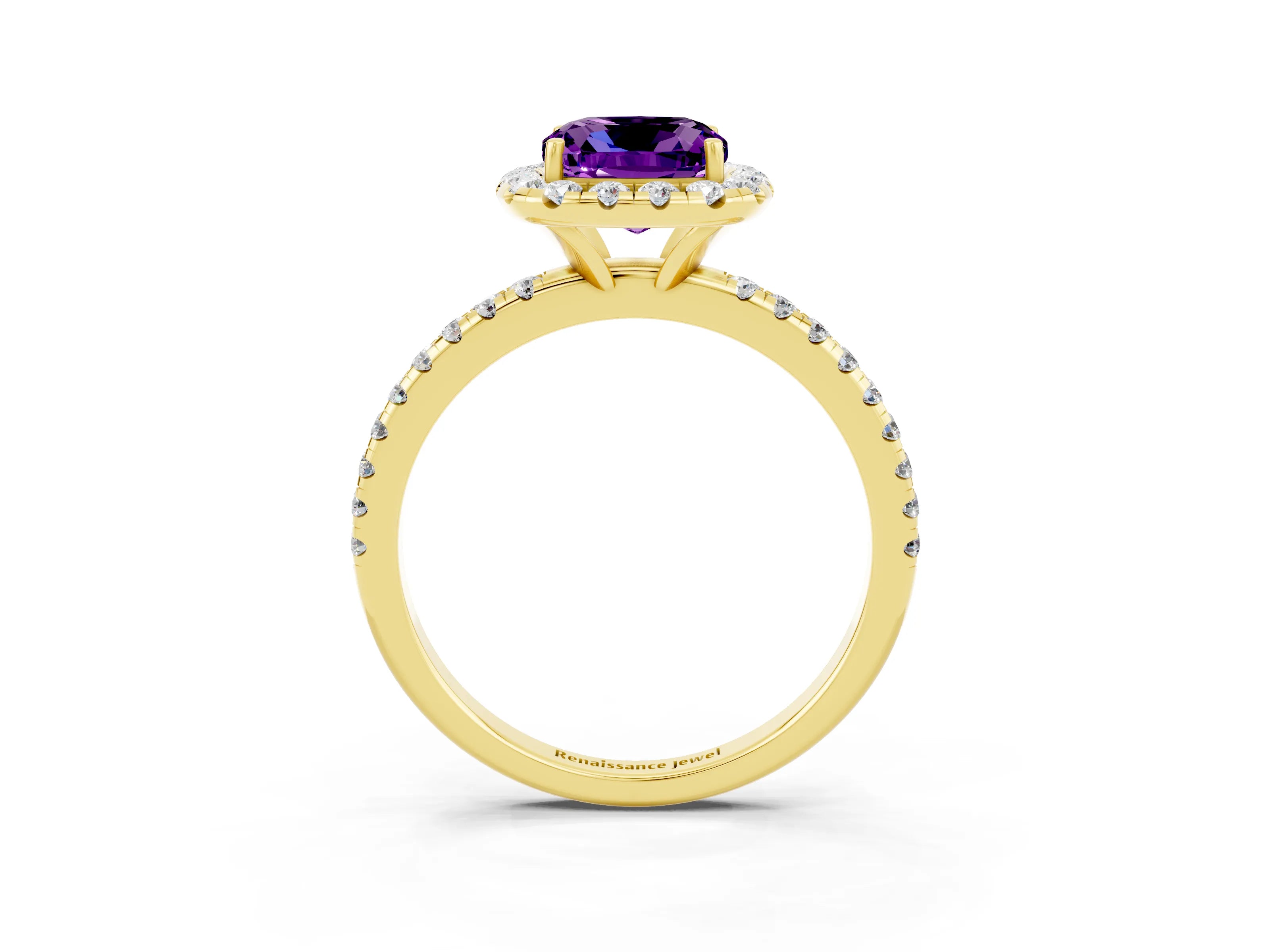 Yellow gold Cushion Cut Halo Round Diamond Pavé Band Four-Prong Ring_3
