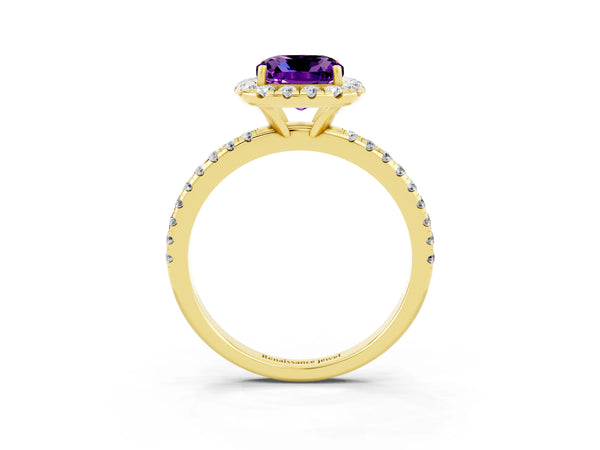 Yellow gold Cushion Cut Amethyst Halo Ring with Round Pavé Band and Prong Setting