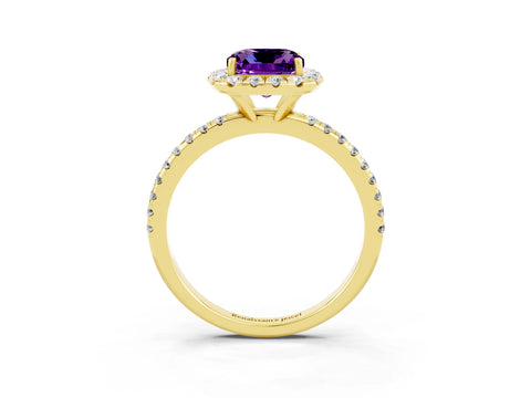 Yellow gold Cushion Cut Halo Round Diamond Pavé Band Four-Prong Ring_3
