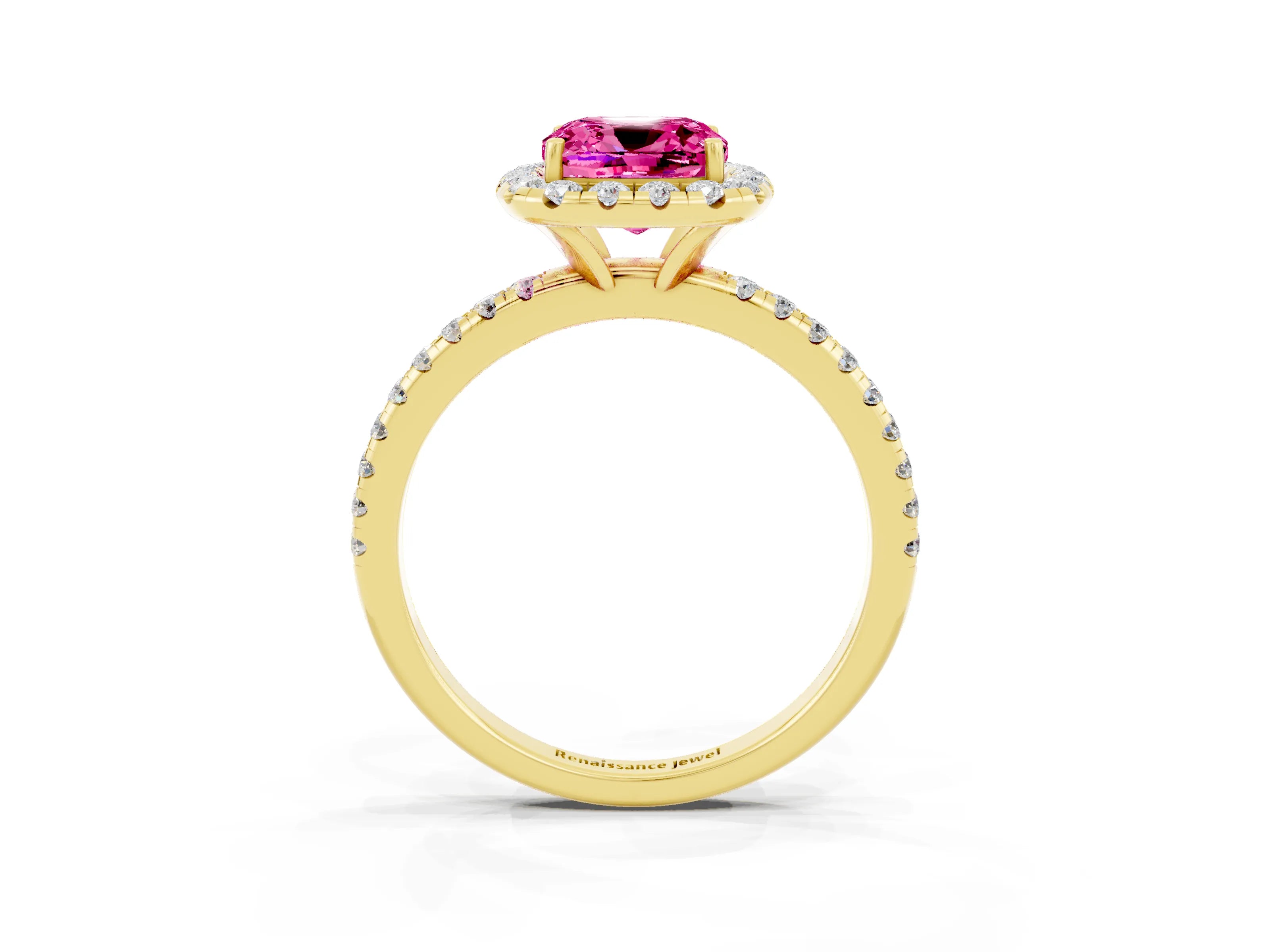 Yellow gold Cushion Cut Halo Round Diamond Pavé Band Four-Prong Ring_3