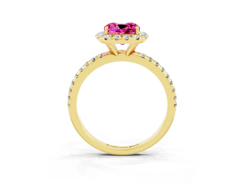Yellow gold Cushion Cut Halo Round Diamond Pavé Band Four-Prong Ring_3