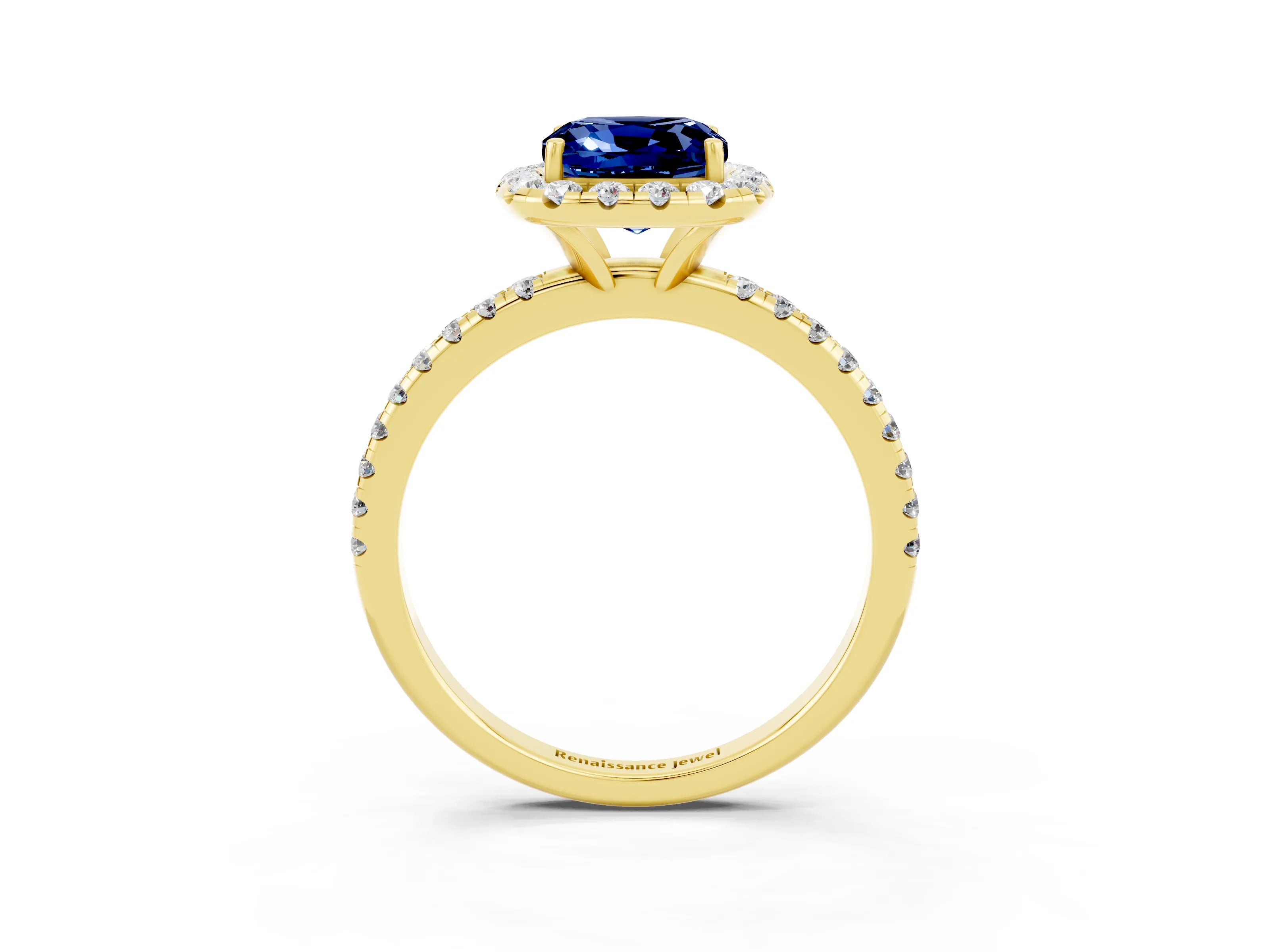 Yellow gold Cushion Cut Halo Round Diamond Pavé Band Four-Prong Ring_3