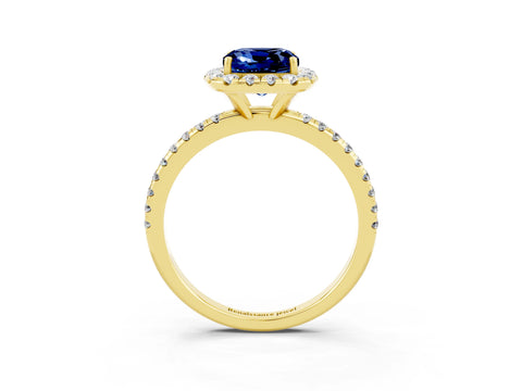 Yellow gold Cushion Cut Halo Round Diamond Pavé Band Four-Prong Ring_3