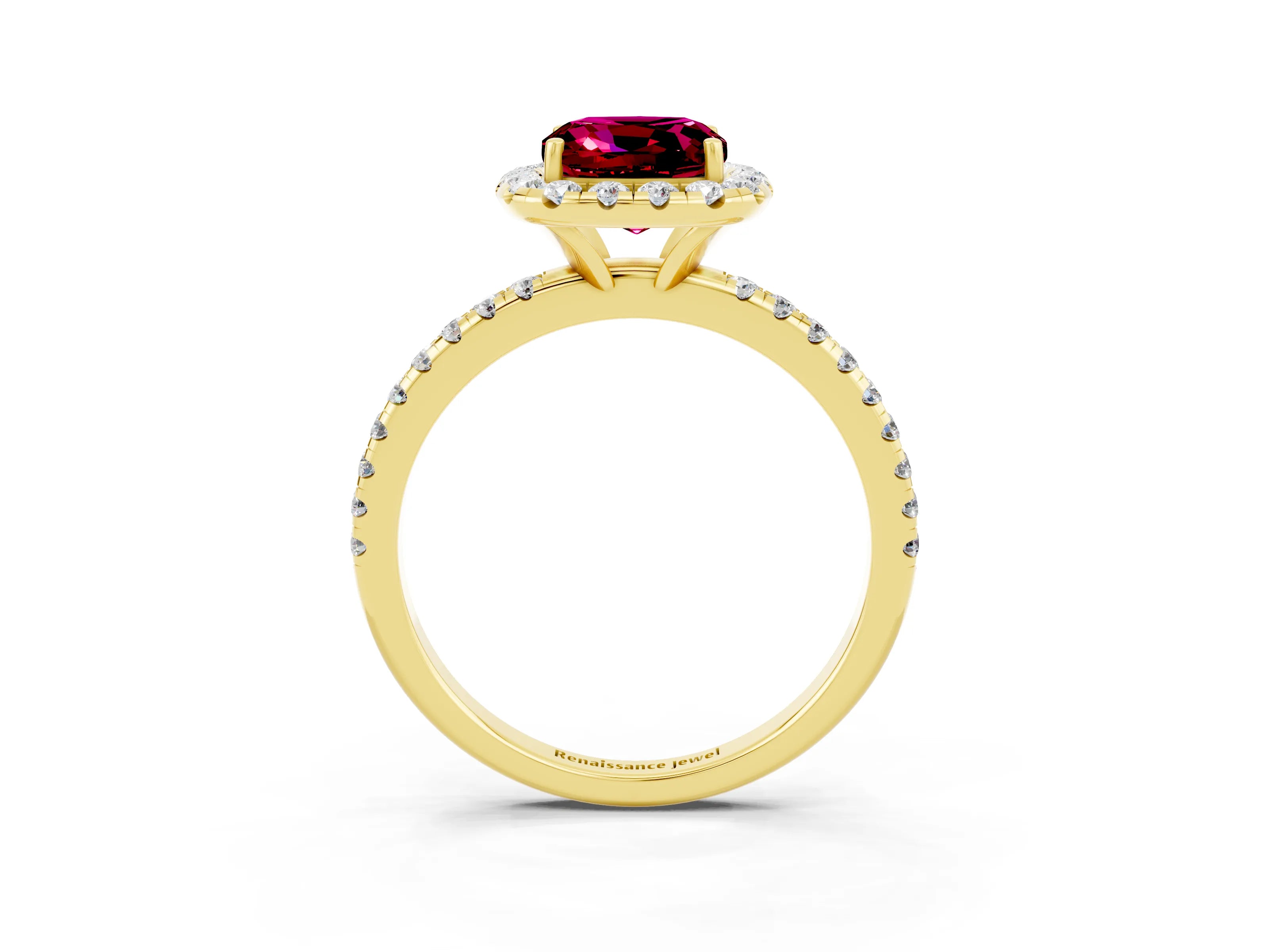 Yellow gold Cushion Cut Halo Round Diamond Pavé Band Four-Prong Ring_3