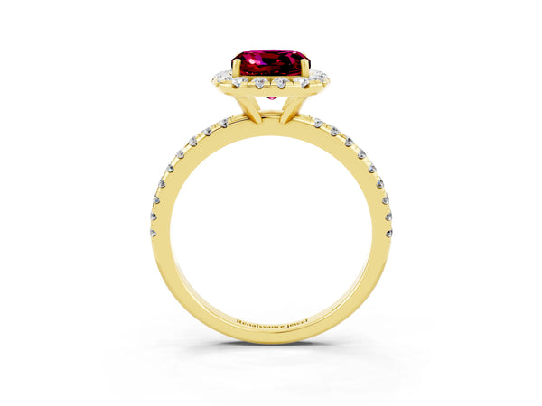 Yellow gold Cushion Cut Garnet Halo Ring with Round Pavé Band and Prong Setting
