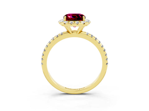 Yellow gold Cushion Cut Halo Round Diamond Pavé Band Four-Prong Ring_3