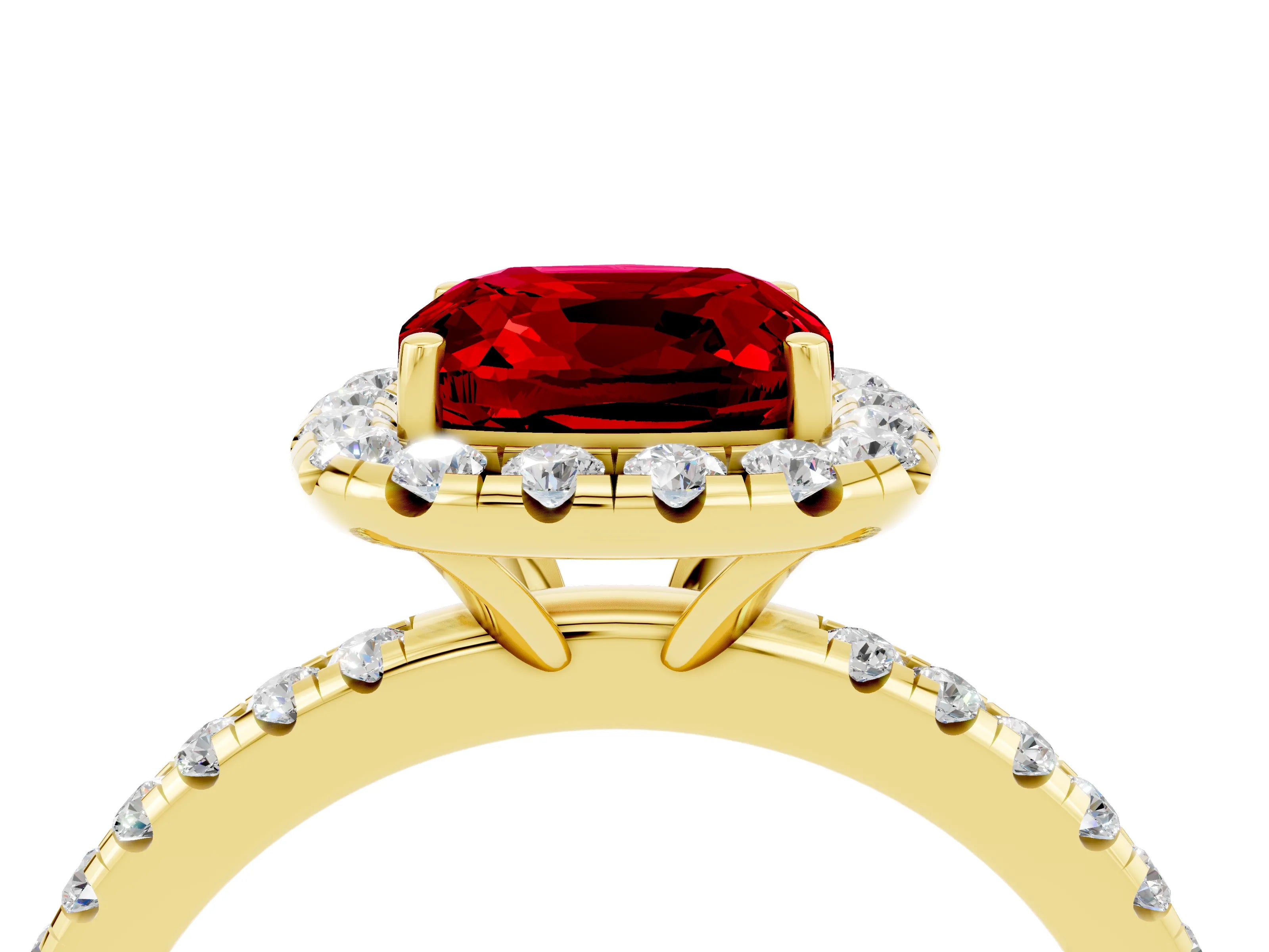 Yellow gold Cushion Cut Halo Round Diamond Pavé Band Four-Prong Ring_4