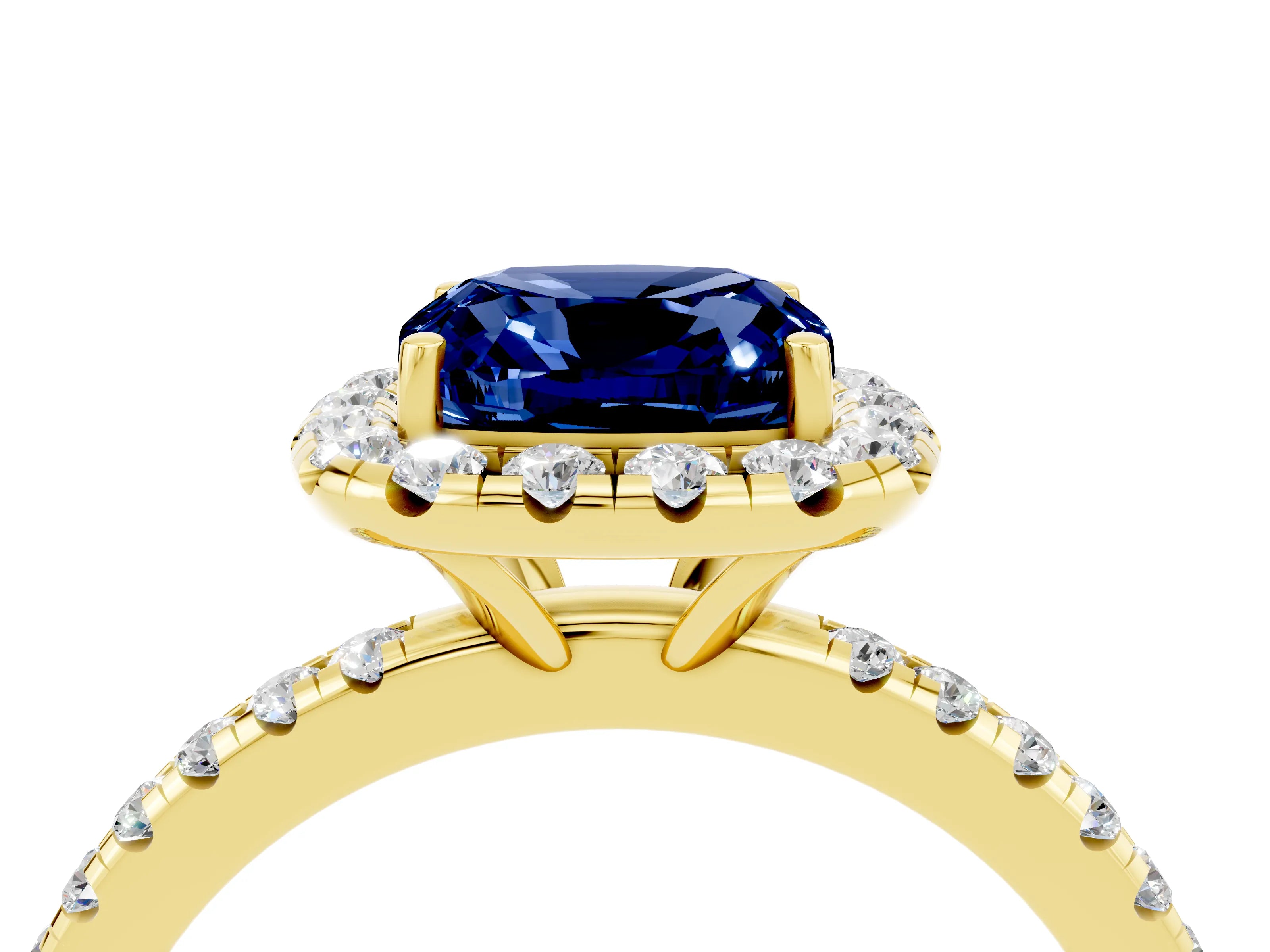 Yellow gold Cushion Cut Halo Round Diamond Pavé Band Four-Prong Ring_4