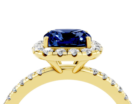 Yellow gold Cushion Cut Halo Round Diamond Pavé Band Four-Prong Ring_4