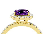 Yellow gold Cushion Cut Halo Round Diamond Pavé Band Four-Prong Ring_4
