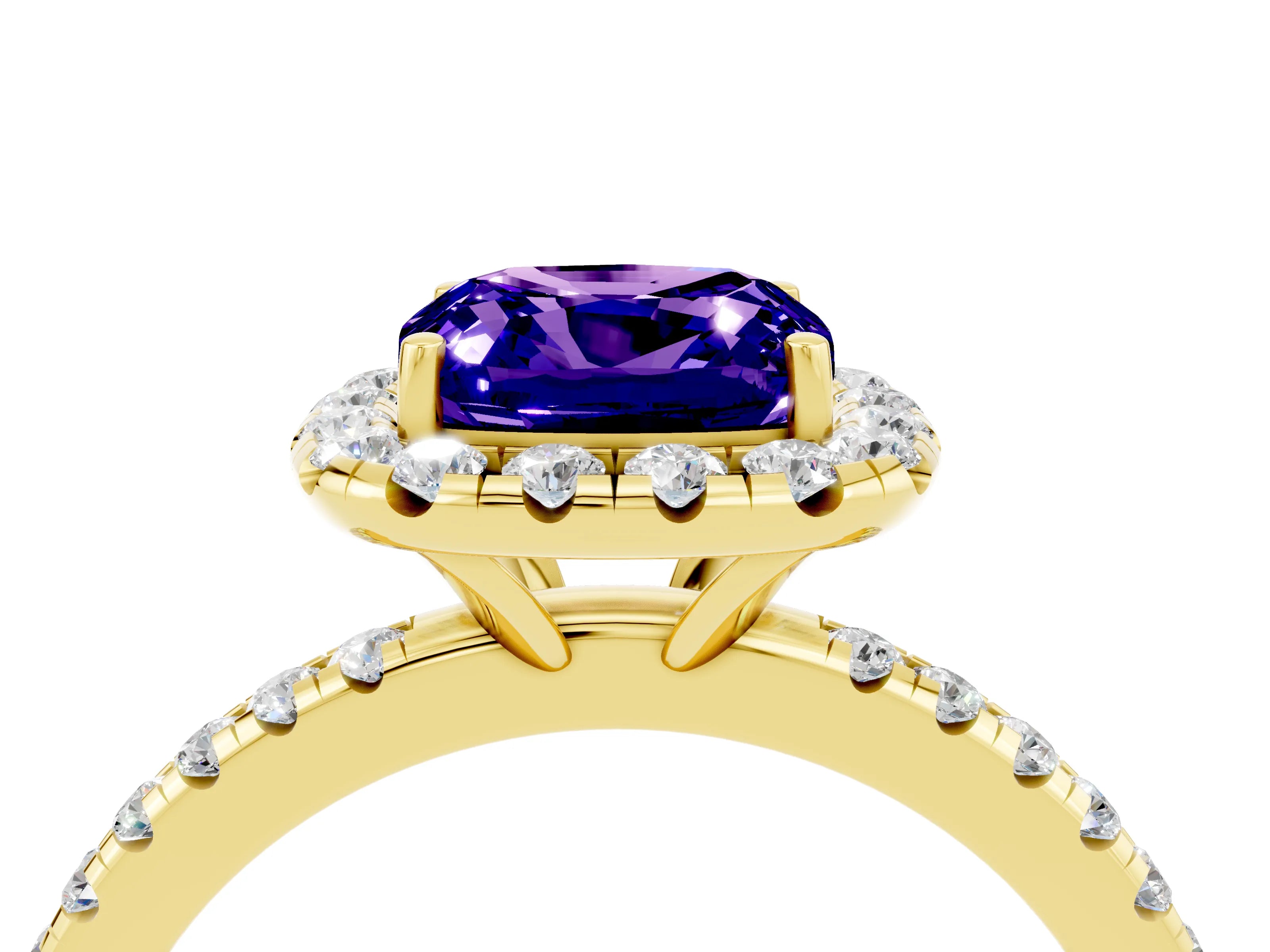 Yellow gold Cushion Cut Halo Round Diamond Pavé Band Four-Prong Ring_4
