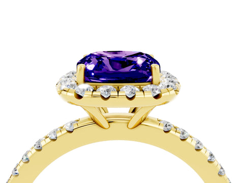 Yellow gold Cushion Cut Halo Round Diamond Pavé Band Four-Prong Ring_4