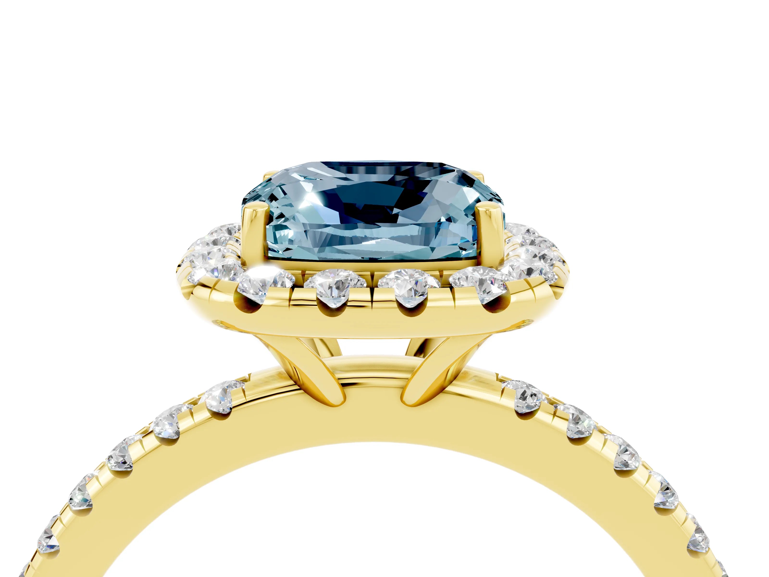 Yellow gold Cushion Cut Halo Round Diamond Pavé Band Four-Prong Ring_4
