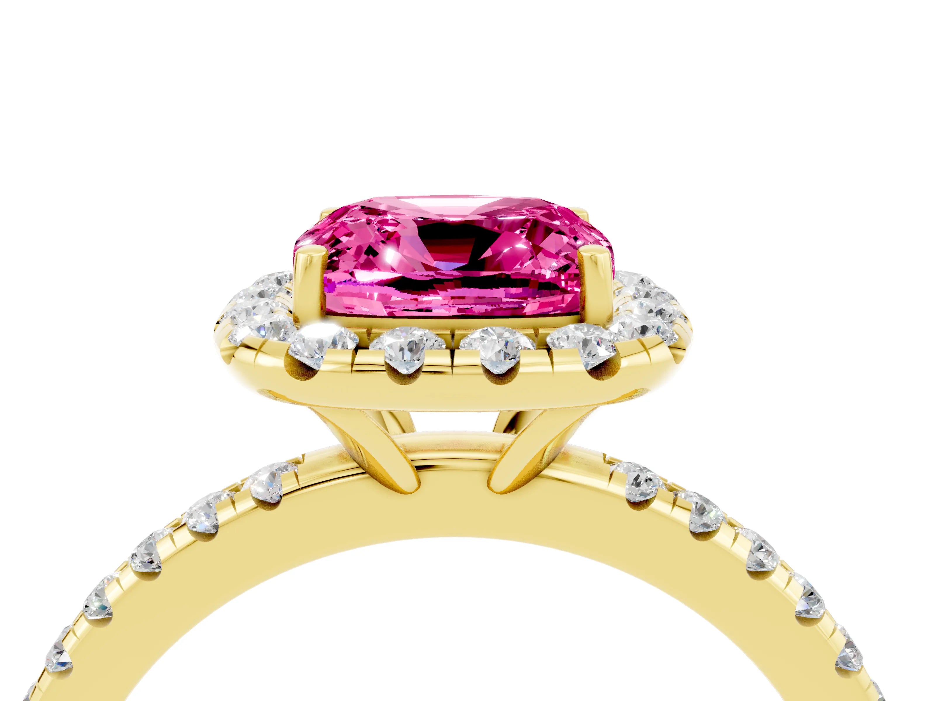 Yellow gold Cushion Cut Halo Round Diamond Pavé Band Four-Prong Ring_4