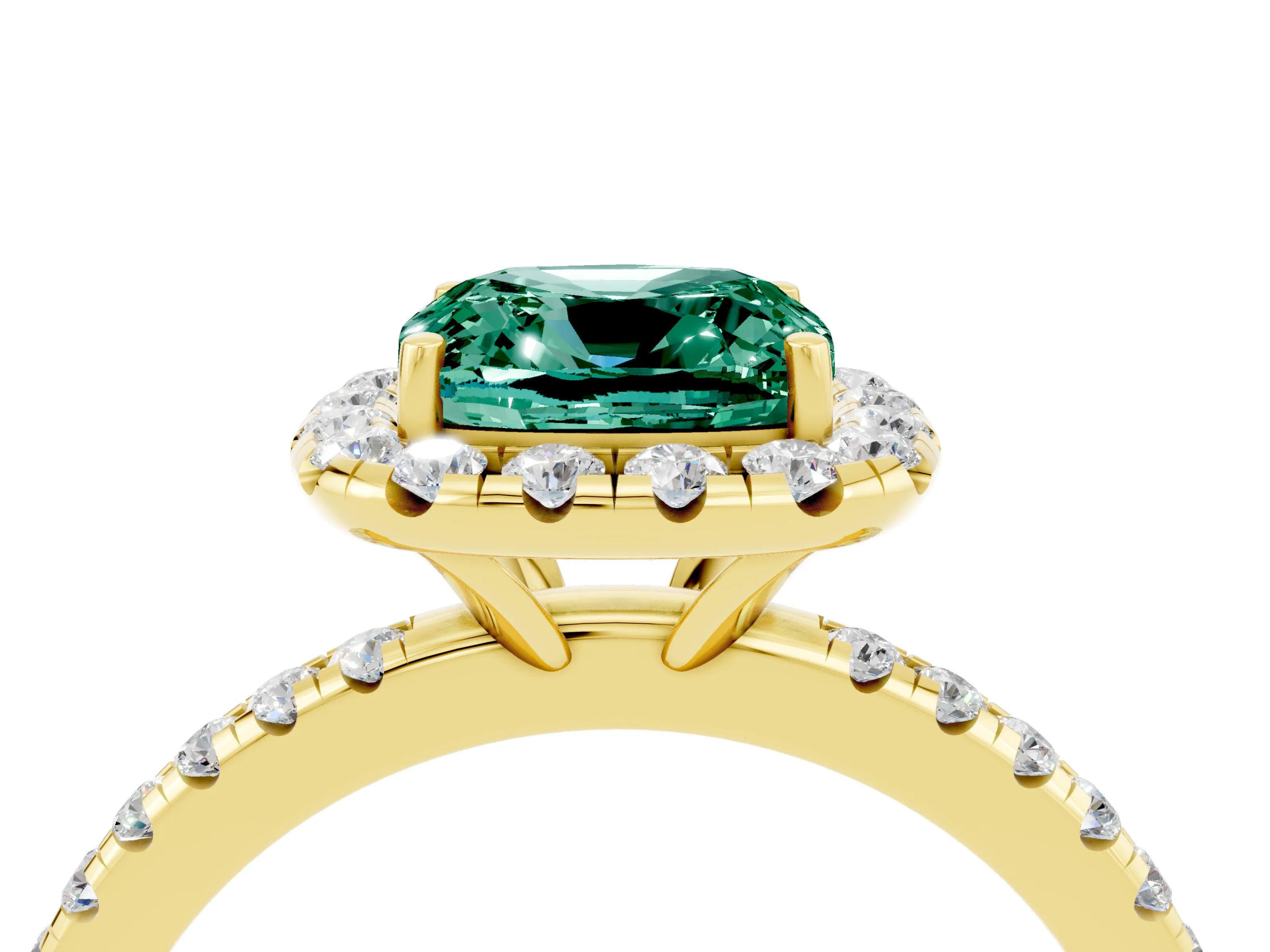 Yellow gold Cushion Cut Halo Round Diamond Pavé Band Four-Prong Ring_4
