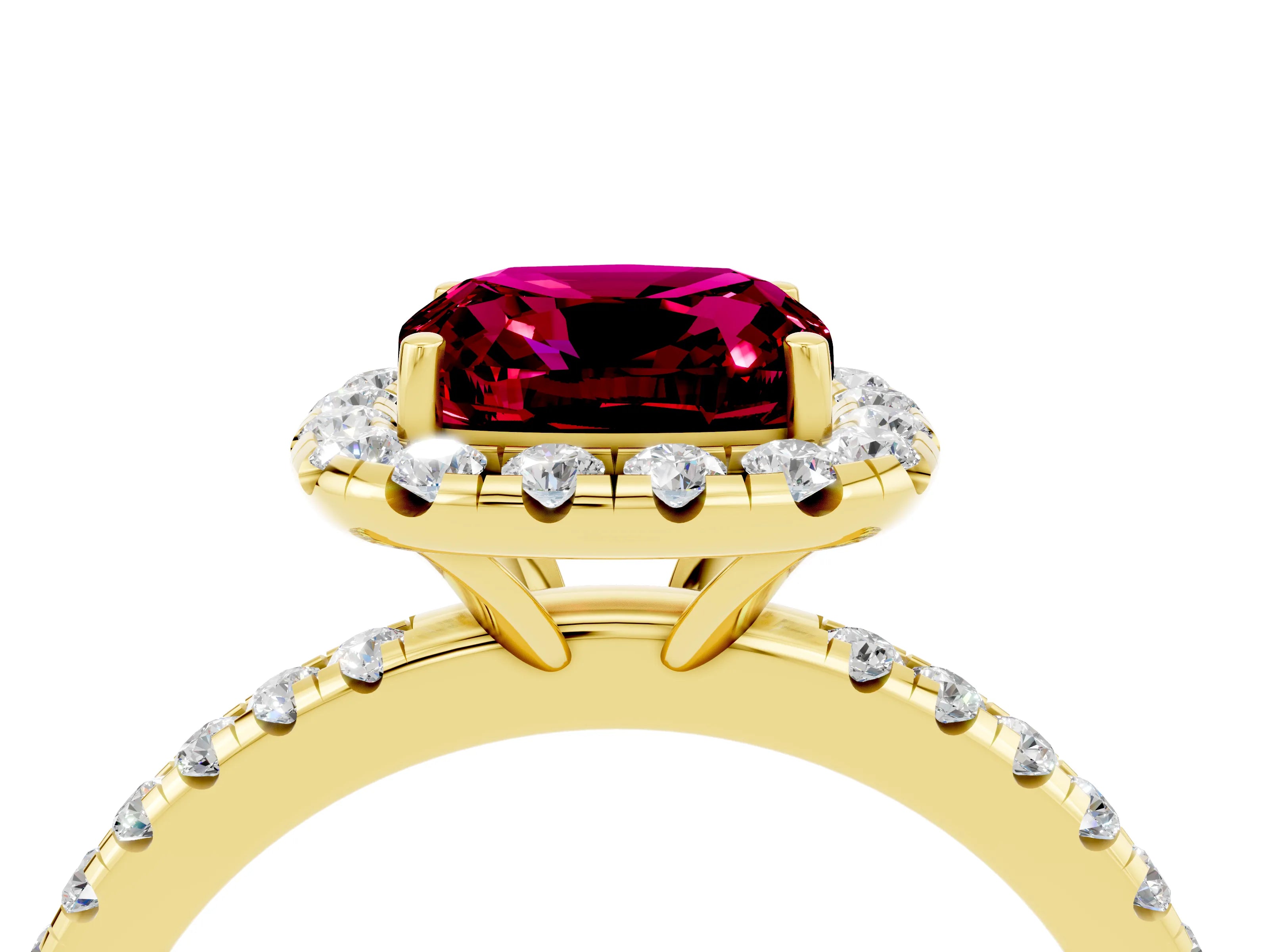 Yellow gold Cushion Cut Halo Round Diamond Pavé Band Four-Prong Ring_4