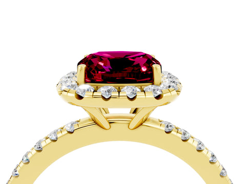 Yellow gold Cushion Cut Halo Round Diamond Pavé Band Four-Prong Ring_4