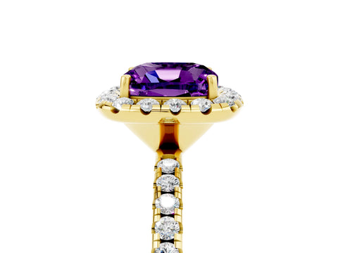 Yellow gold Cushion Cut Halo Round Diamond Pavé Band Four-Prong Ring_5