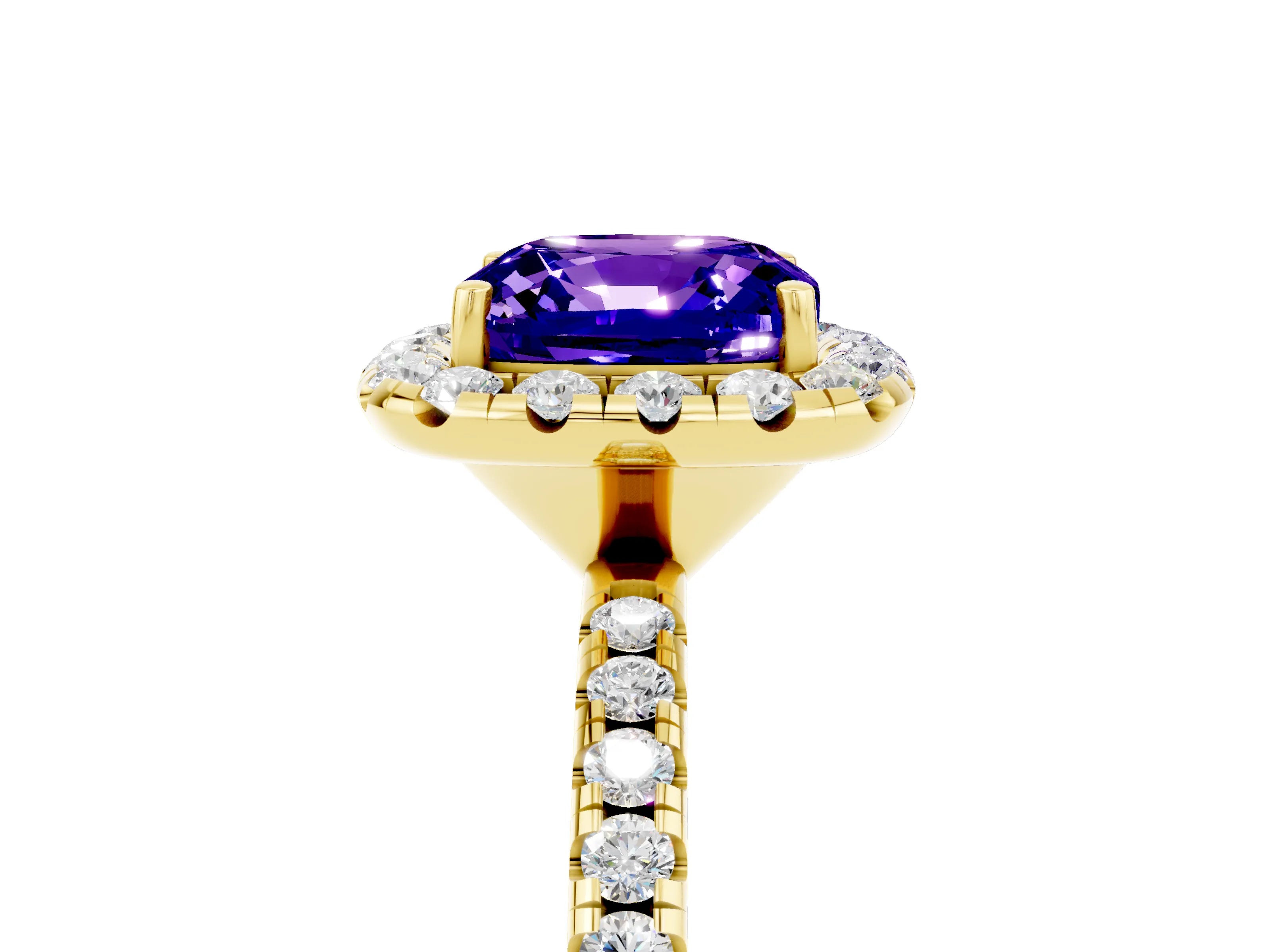 Yellow gold Cushion Cut Halo Round Diamond Pavé Band Four-Prong Ring_5