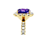 Yellow gold Cushion Cut Halo Round Diamond Pavé Band Four-Prong Ring_5