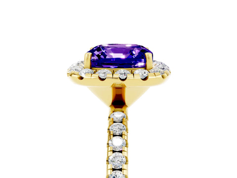 Yellow gold Cushion Cut Halo Round Diamond Pavé Band Four-Prong Ring_5