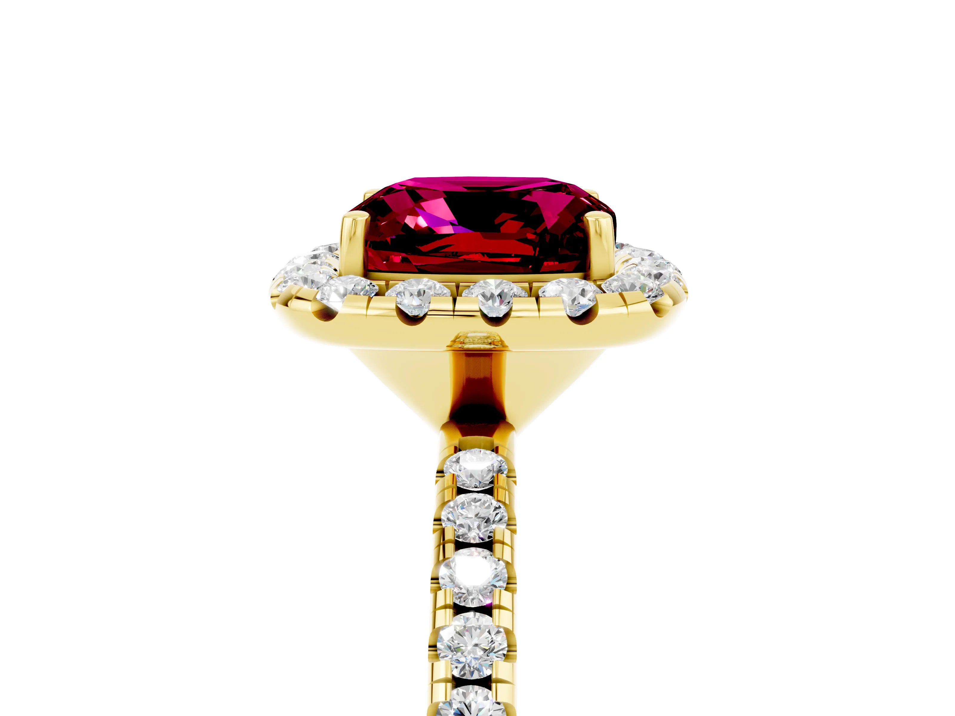 Yellow gold Cushion Cut Halo Round Diamond Pavé Band Four-Prong Ring_5