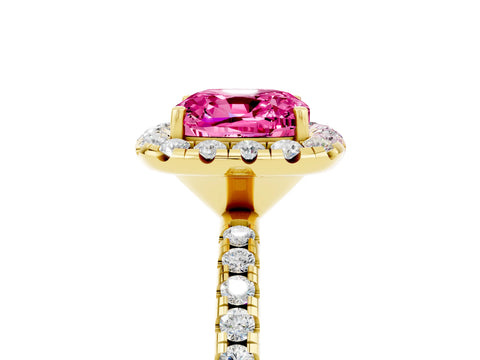 Yellow gold Cushion Cut Halo Round Diamond Pavé Band Four-Prong Ring_5