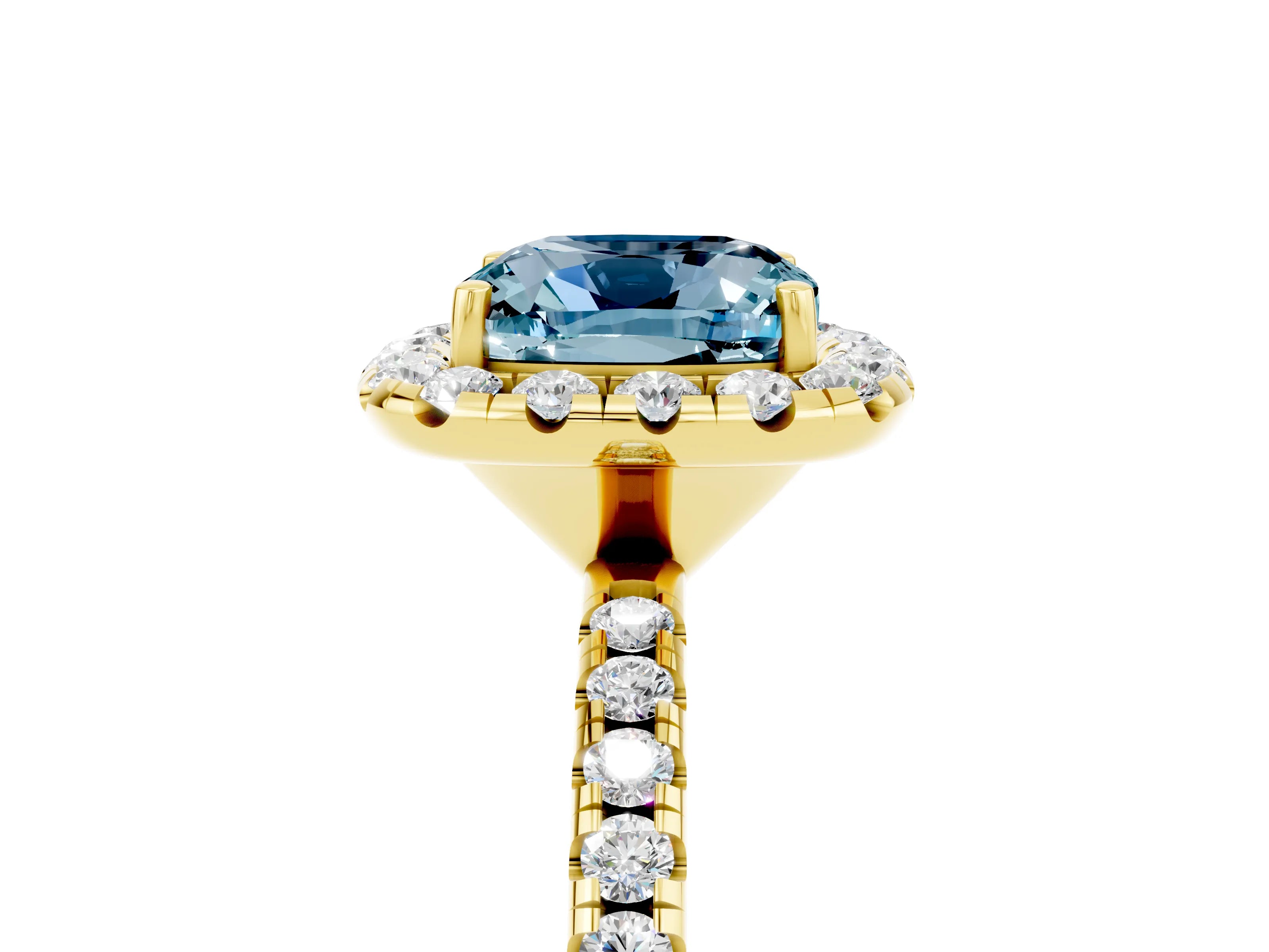 Yellow gold Cushion Cut Halo Round Diamond Pavé Band Four-Prong Ring_5