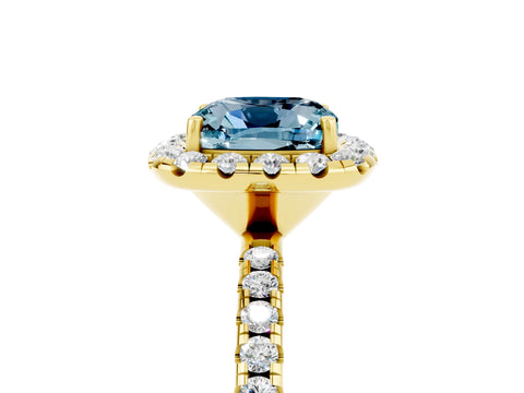 Yellow gold Cushion Cut Halo Round Diamond Pavé Band Four-Prong Ring_5