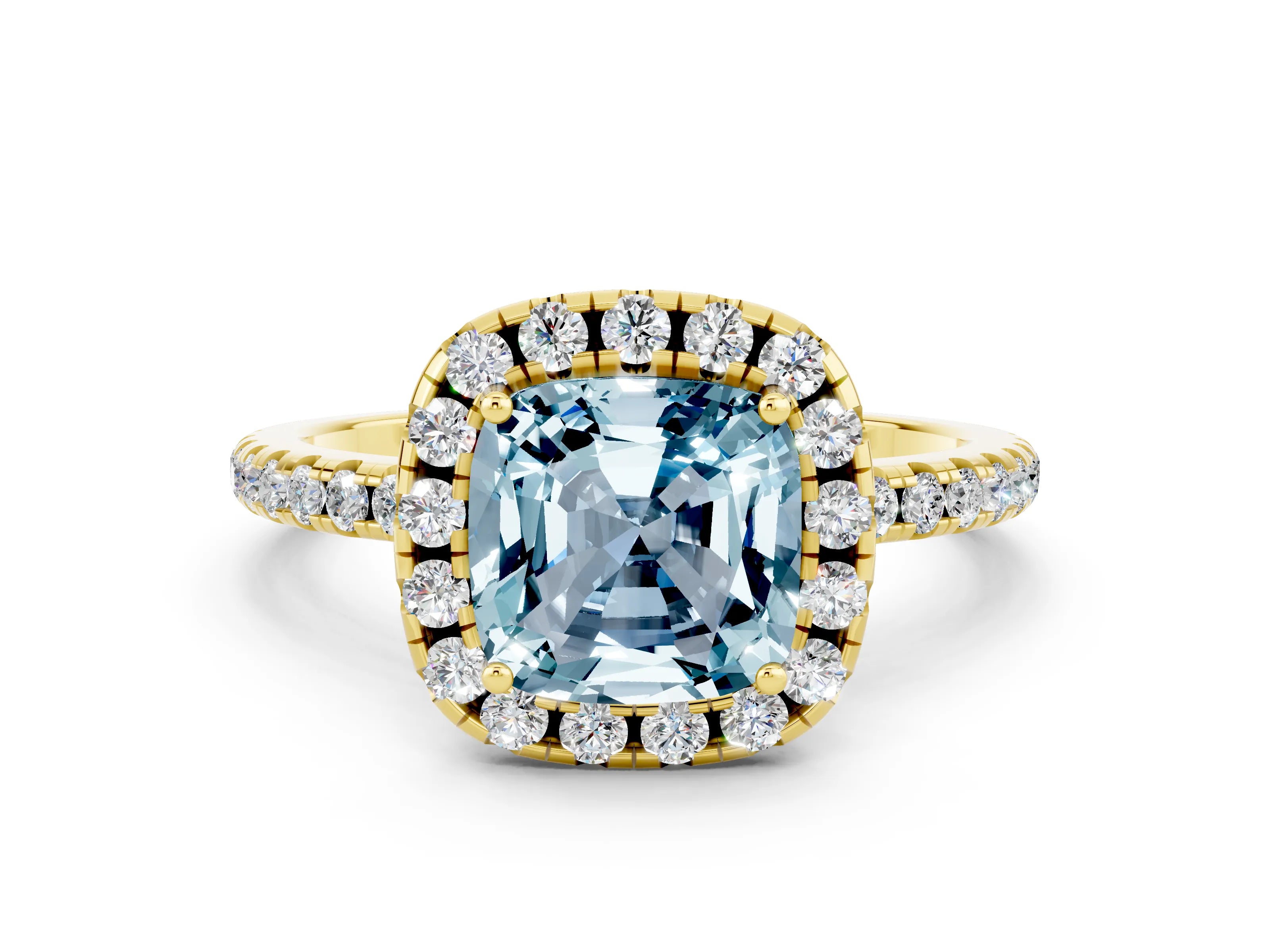 Yellow gold Cushion Cut Halo Round Diamond Pavé Band Four-Prong Ring