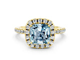 Yellow gold Cushion Cut Halo Round Diamond Pavé Band Four-Prong Ring
