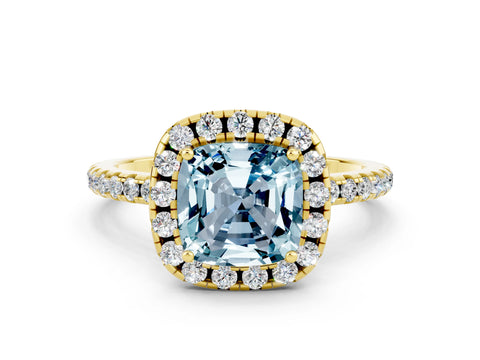 Yellow gold Cushion Cut Halo Round Diamond Pavé Band Four-Prong Ring