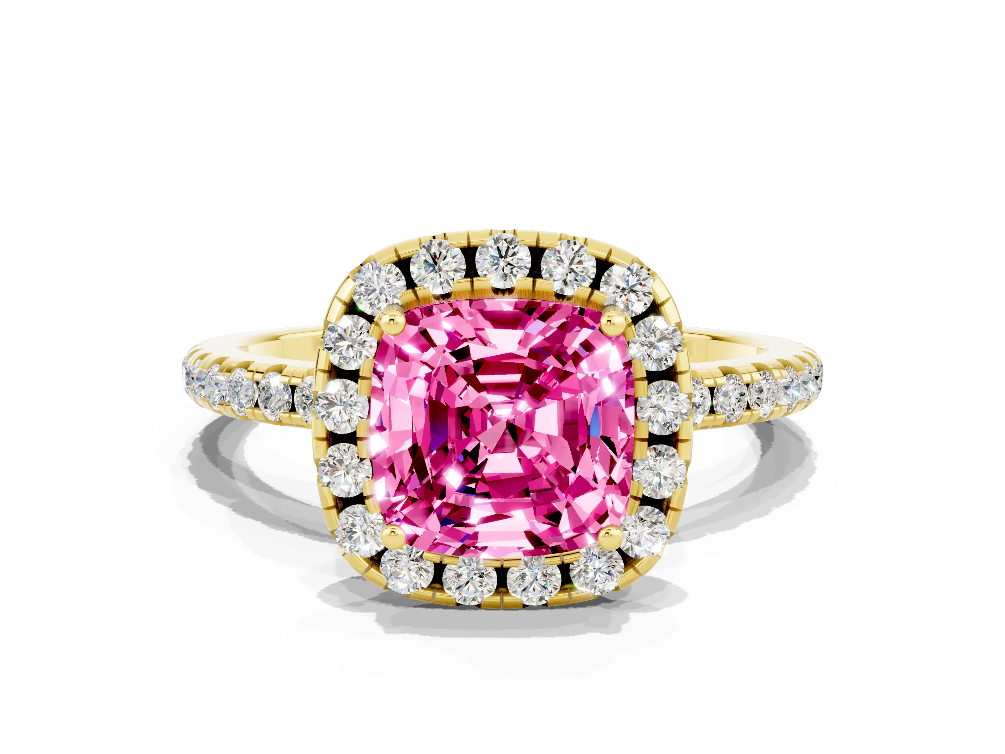Yellow gold Cushion Cut Halo Round Diamond Pavé Band Four-Prong Ring