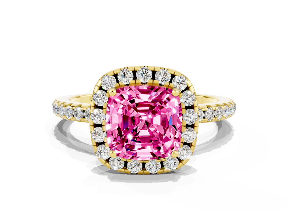 Yellow gold Cushion Cut Halo Round Diamond Pavé Band Four-Prong Ring