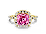 Yellow gold Cushion Cut Halo Round Diamond Pavé Band Four-Prong Ring