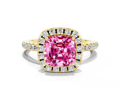 Yellow gold Cushion Cut Halo Round Diamond Pavé Band Four-Prong Ring