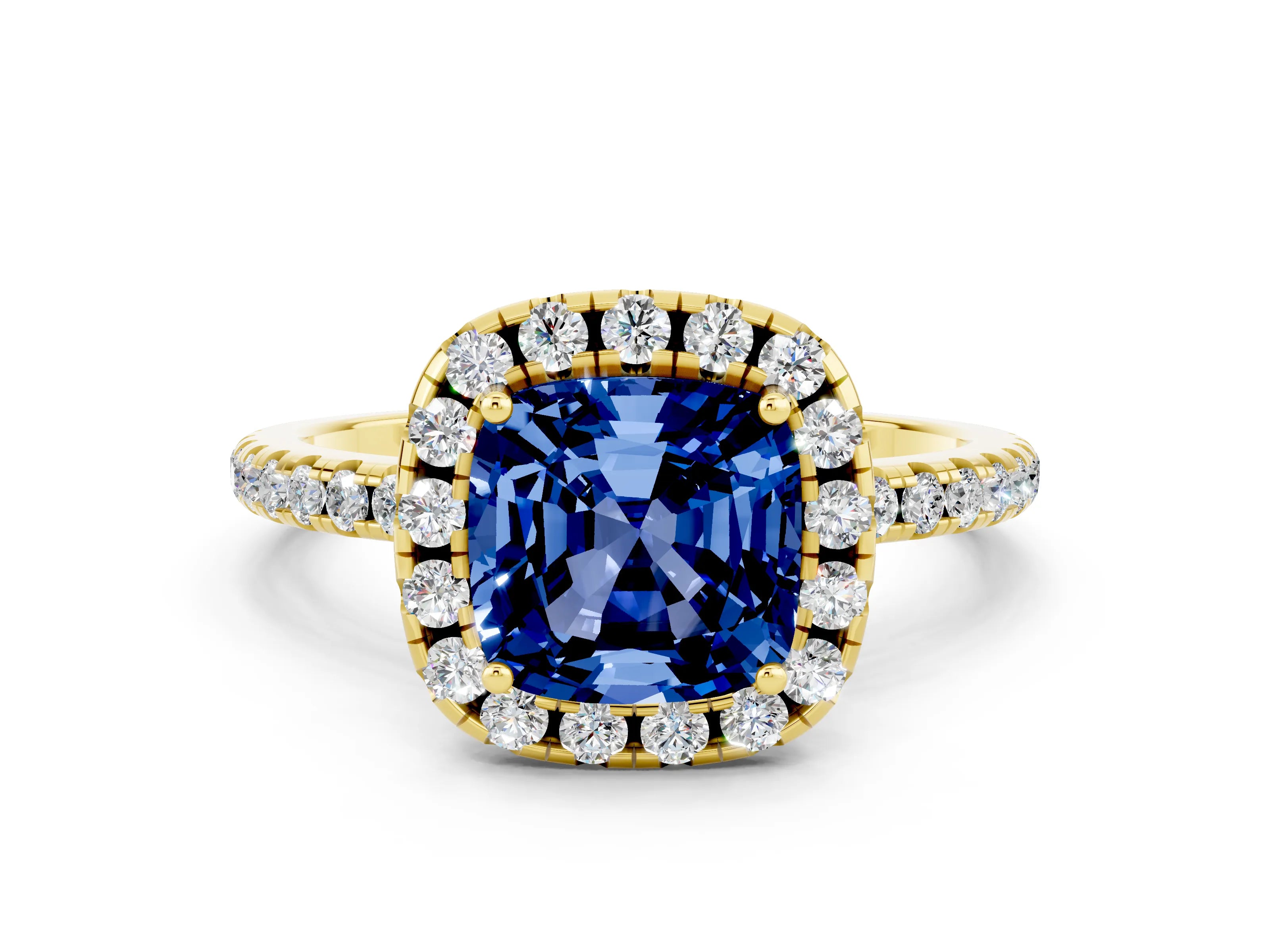 Yellow gold Cushion Cut Halo Round Diamond Pavé Band Four-Prong Ring