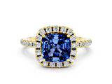 Yellow gold Cushion Cut Halo Round Diamond Pavé Band Four-Prong Ring