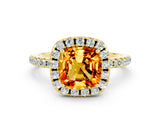 Yellow gold Cushion Cut Halo Round Diamond Pavé Band Four-Prong Ring