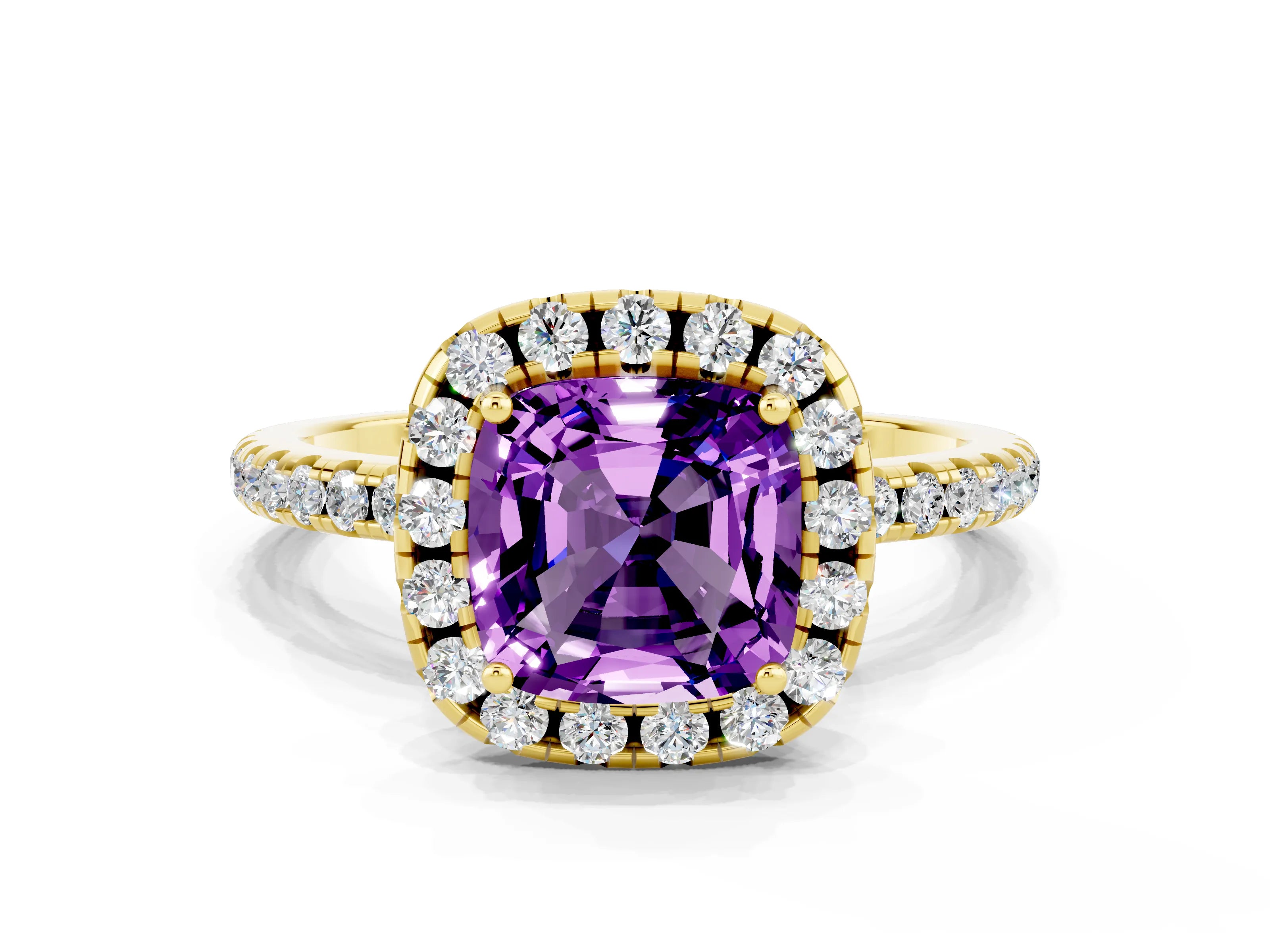 Yellow gold Cushion Cut Halo Round Diamond Pavé Band Four-Prong Ring