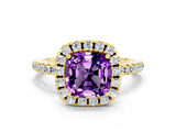 Yellow gold Cushion Cut Halo Round Diamond Pavé Band Four-Prong Ring