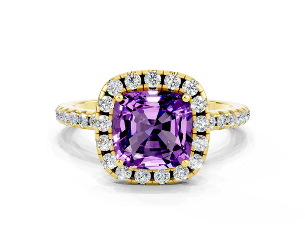 Yellow gold Cushion Cut Amethyst Halo Ring with Round Pavé Band and Prong Setting