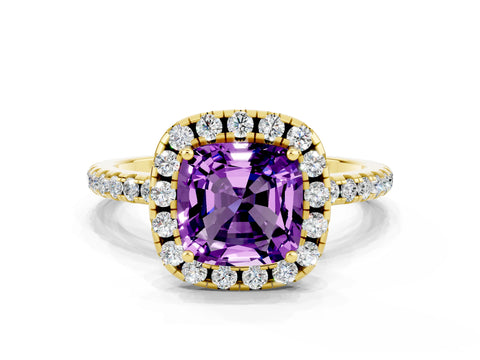 Yellow gold Cushion Cut Halo Round Diamond Pavé Band Four-Prong Ring