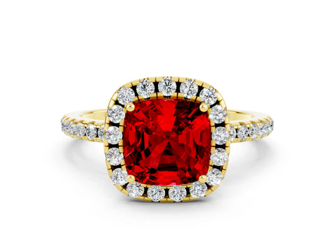 Yellow gold Cushion Cut Halo Round Diamond Pavé Band Four-Prong Ring